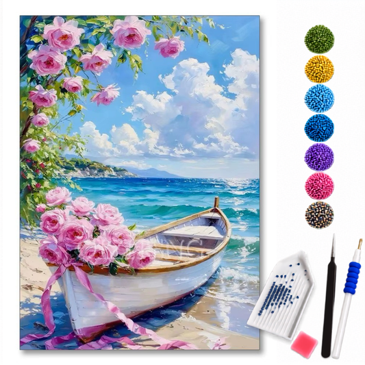 Kit de pintura diamante LoveArtBrasil com tema de barco floral na praia tropical, com diamantes coloridos e detalhes vibrantes.