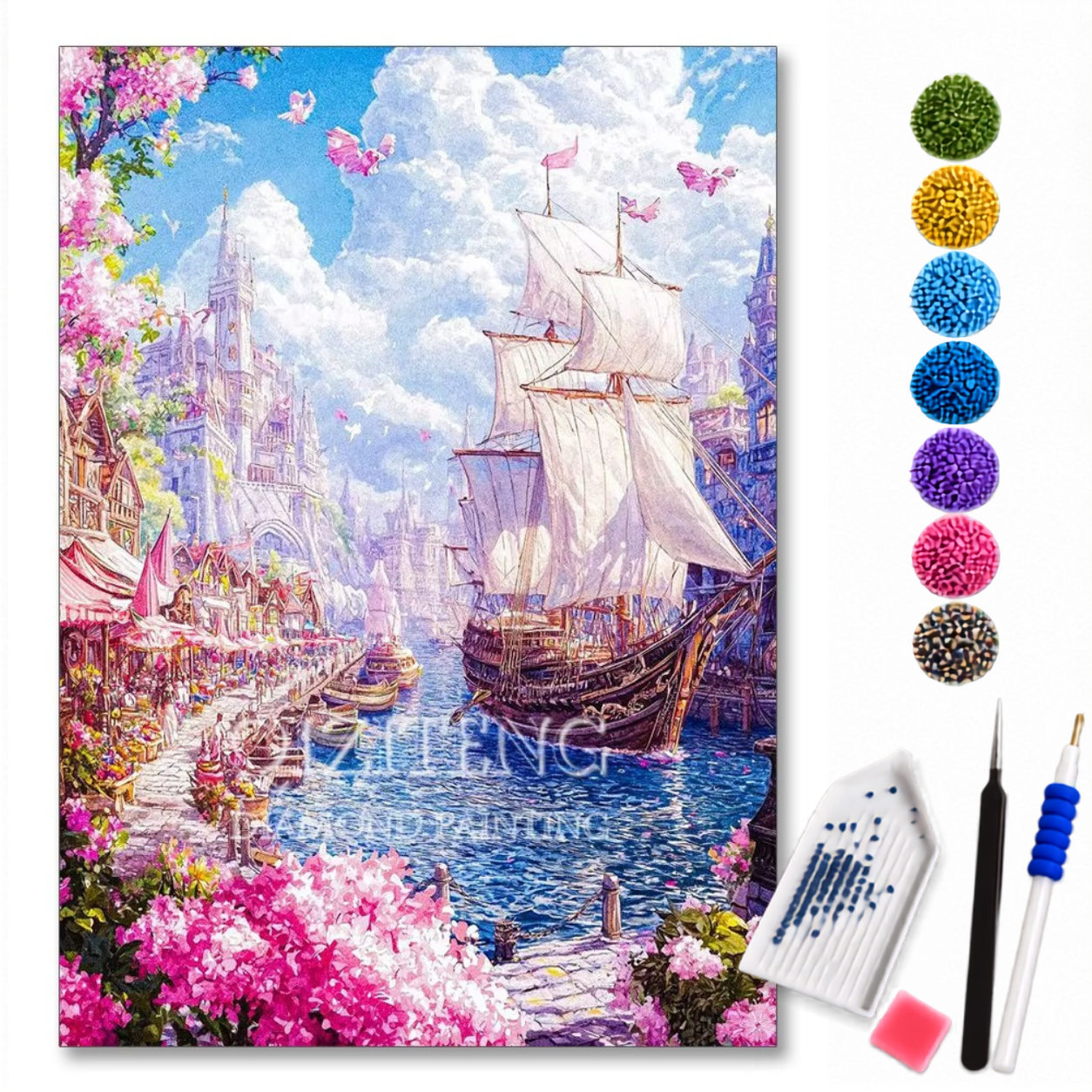 Kit de pintura diamante Navio dos Sonhos em Mar Floral da LoveArtBrasil, com diamantes coloridos e design marítimo.