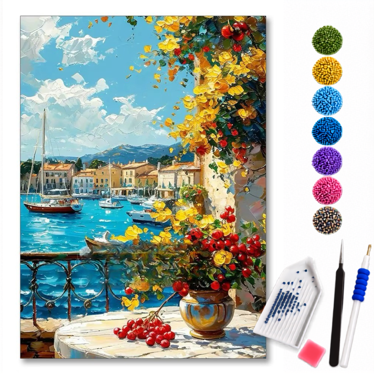 Kit de pintura diamante Terraço Italiano com vista panorâmica, com várias cores e detalhes de diamantes, da marca loveartbrasil