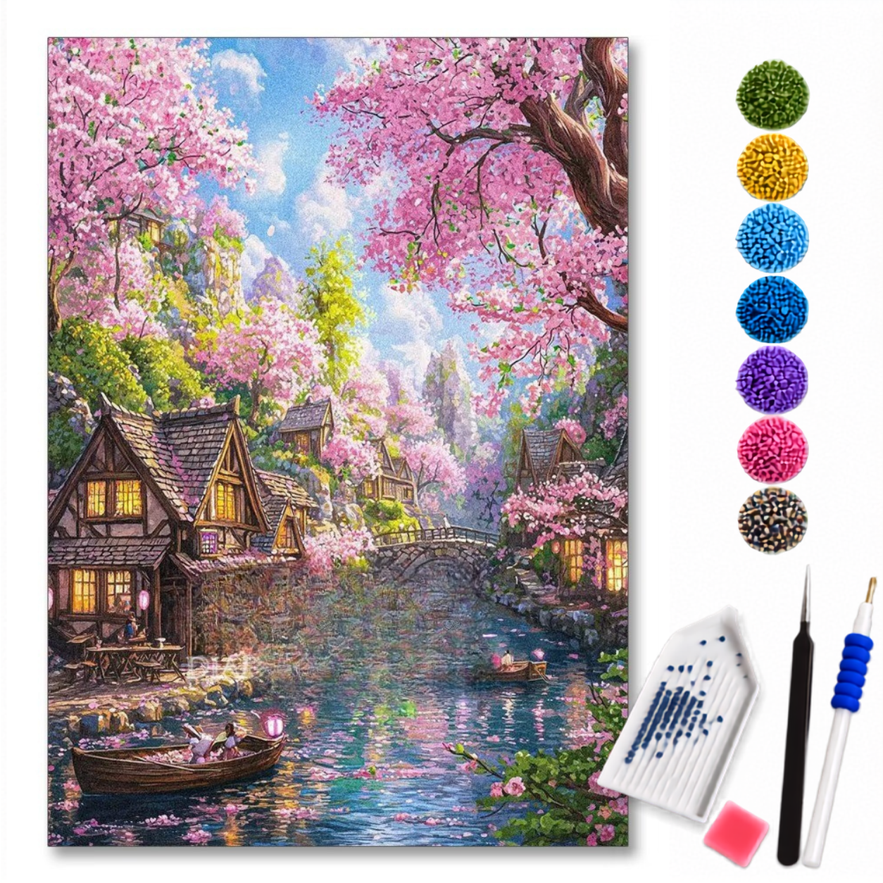 Kit de pintura com diamantes Vila Encantada com cerejeiras, da LoveArtBrasil, mostrando o painel decorativo cheio de detalhes.
