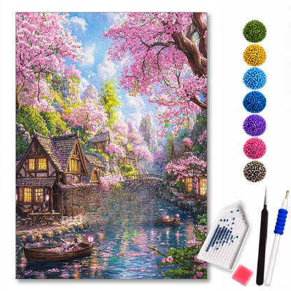Kit de pintura com diamantes Vila Encantada com cerejeiras, da LoveArtBrasil, mostrando o painel decorativo cheio de detalhes.