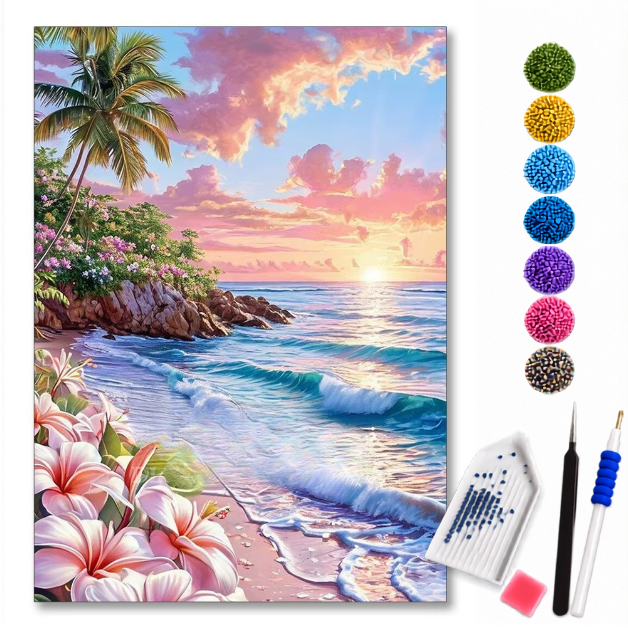 Kit de pintura com diamantes Praia do Paraíso ao Pôr do Sol, da marca loveartbrasil, mostrando a cena de praia ao entardecer.