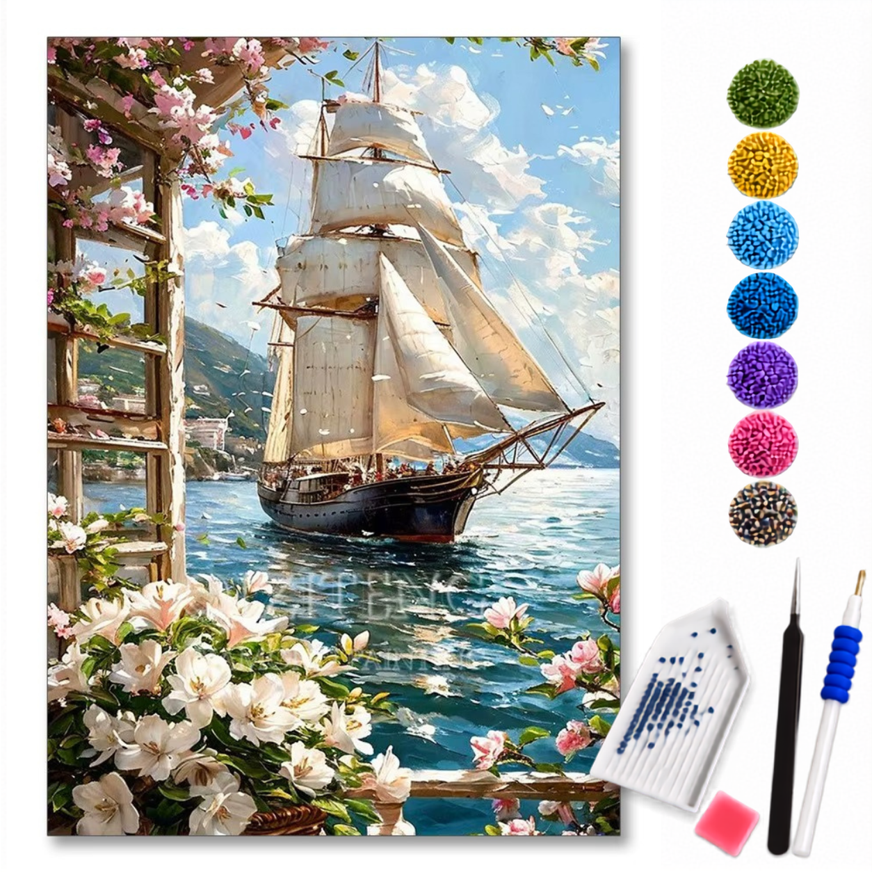 Imagem do kit de pintura diamante Veleiro Encantado da LoveArtBrasil, com diamantes coloridos e detalhes do quadro.