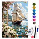 Kit de pintura diamante LoveArtBrasil com navio clássico em paisagem marítima, mostrando detalhes do navio e fundo marítimo.