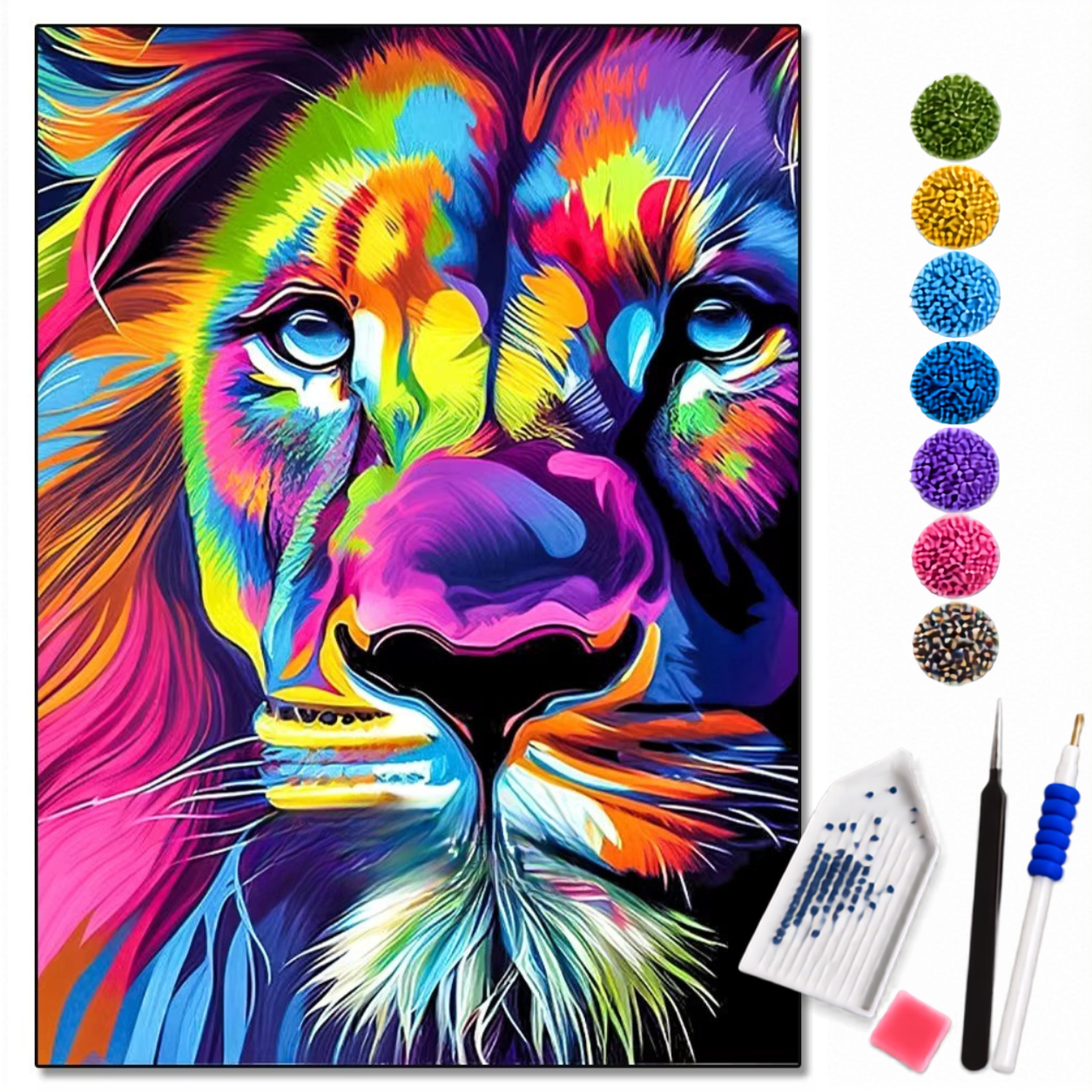 Kit de pintura com diamantes Leão Neon em cores vibrantes, arte moderna da LoveArtBrasil, com detalhes brilhantes e coloridos.