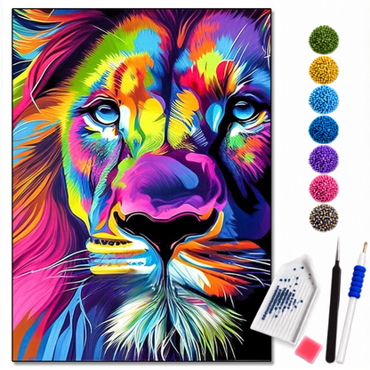 Kit de pintura com diamantes Leão Neon em cores vibrantes, arte moderna da LoveArtBrasil, com detalhes brilhantes e coloridos.