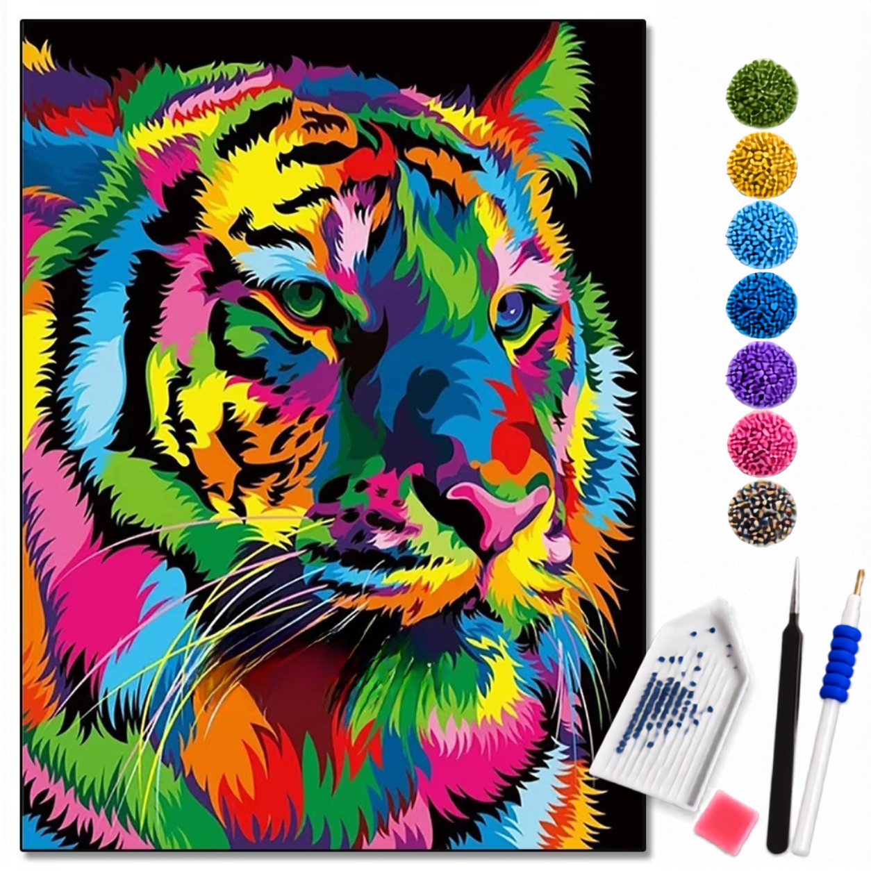 Kit de pintura com diamantes Tigre Neon em cores vibrantes, arte pop, da marca loveartbrasil, com diamantes coloridos e detalhes brilhantes.