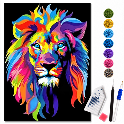 Kit de pintura com diamantes Leão Colorido Rei da Selva da LoveArtBrasil, com diamantes brilhantes e design de leão selvagem.