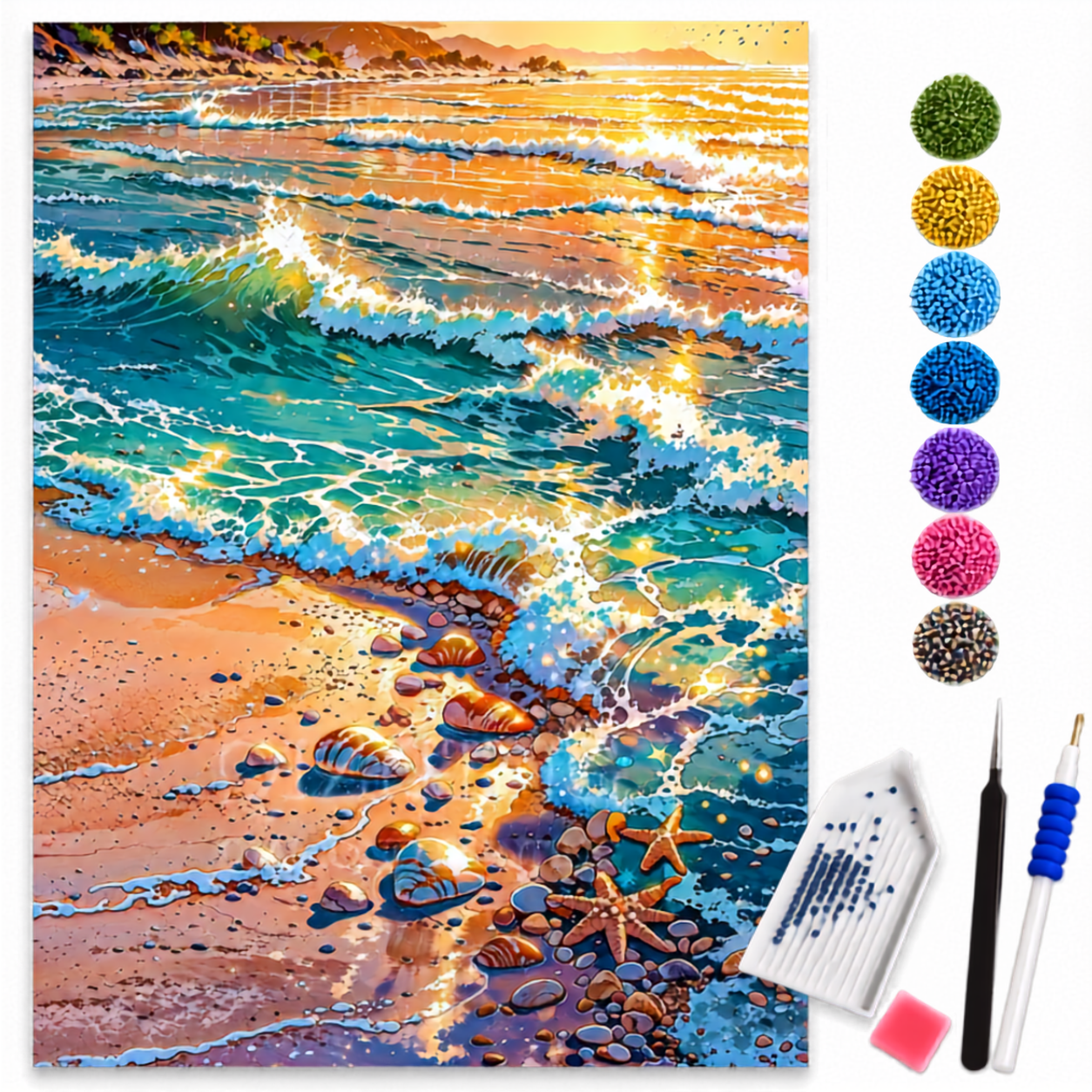 Kit de pintura diamante praia tropical com ondas e conchas da loveartbrasil, incluindo diamantes e materiais para DIY.