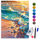 Kit de pintura diamante praia tropical com ondas e conchas da loveartbrasil, incluindo diamantes e materiais para DIY.