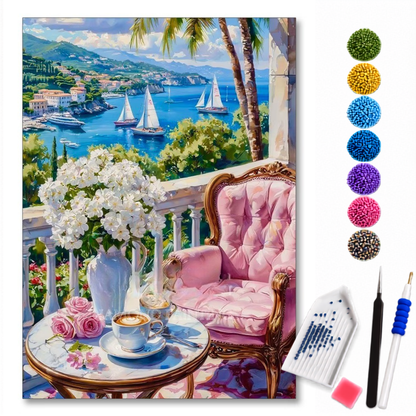 Kit de pintura diamante LoveArtBrasil de varanda luxuosa com vista para o mar, com detalhes coloridos e acabamento elegante.