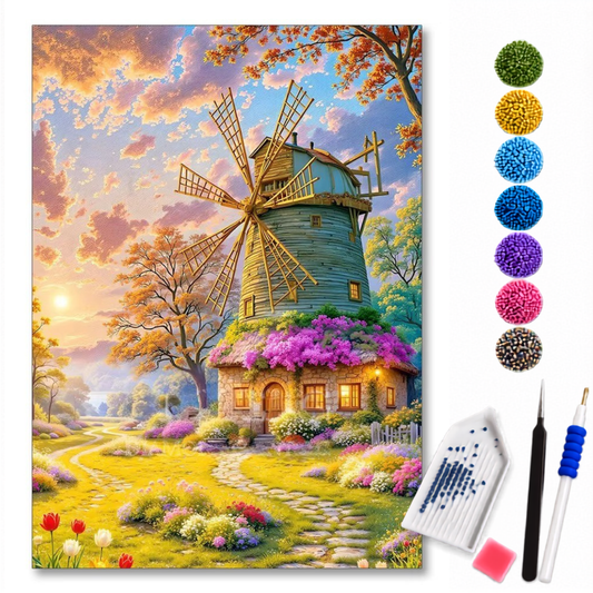 Kit de pintura diamante LoveArtBrasil com moinho encantado e jardim florido, contendo diamantes coloridos e ferramentas de aplicação