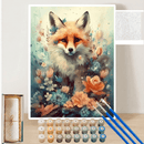 Pintura por números de raposa com flores silvestres, produto da LoveArtBrasil, exibida na imagem com detalhes coloridos.