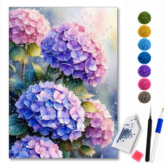 Kit de pintura diamante com hortênsias azuis e roxas decorativas, contendo diamantes e acessórios da marca loveartbrasil.