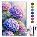 Kit de pintura diamante com hortênsias azuis e roxas decorativas, contendo diamantes e acessórios da marca loveartbrasil.