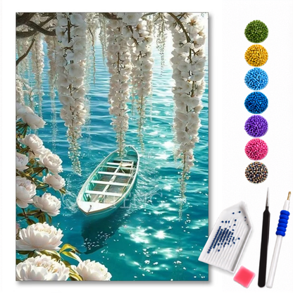 Kit de pintura diamante LoveArtBrasil com barco em lago cristalino, incluindo diamantes e materiais para artesanato.