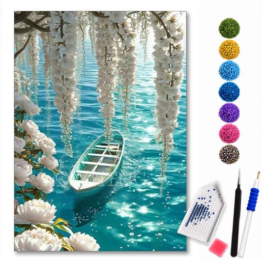Kit de pintura diamante LoveArtBrasil com barco em lago cristalino, incluindo diamantes e materiais para artesanato.