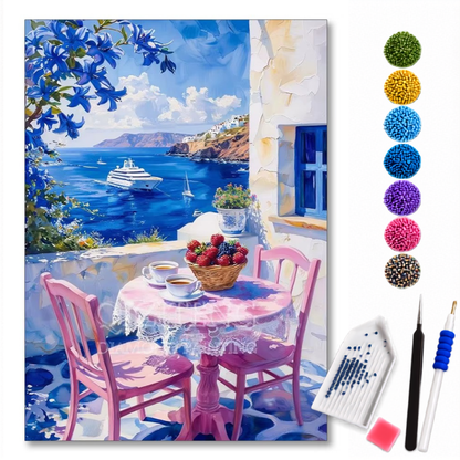 Kit de pintura diamante Café Mediterrâneo com vista para o mar, com detalhes coloridos e brilho, da marca loveartbrasil.