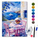 Kit de pintura diamante Café Mediterrâneo com vista para o mar, com detalhes coloridos e brilho, da marca loveartbrasil.