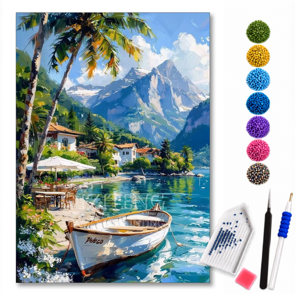 Kit de pintura diamante LoveArtBrasil Refúgio Alpino à Beira do Lago, com diamantes coloridos e design detalhado.