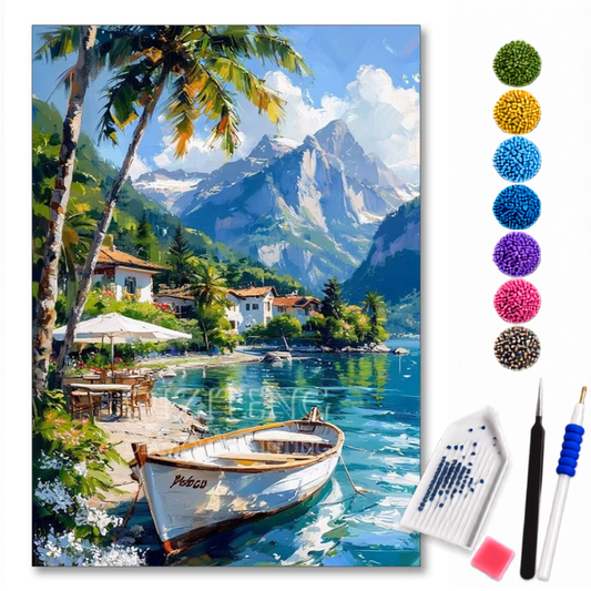 Kit de pintura diamante LoveArtBrasil Refúgio Alpino à Beira do Lago, com diamantes coloridos e design detalhado.