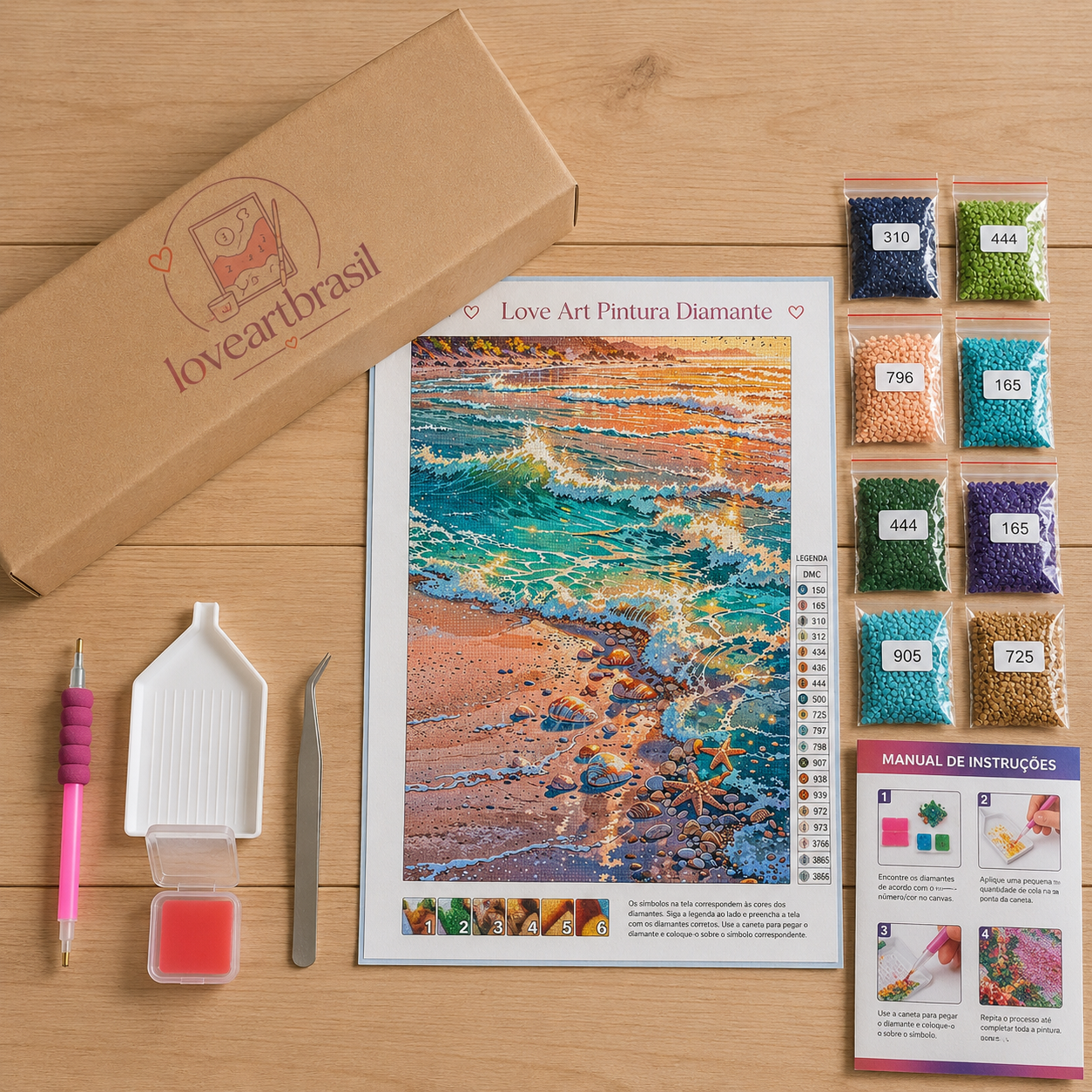 Kit de pintura diamante Leão colorido da LoveArtBrasil, mostra o rei da selva em detalhes vibrantes com diamantes brilhantes.