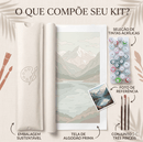 Kit de pintura numerada Vila Encantada das Montanhas da LoveArtBrasil, incluindo tela, tintas e pincéis para personalizar.