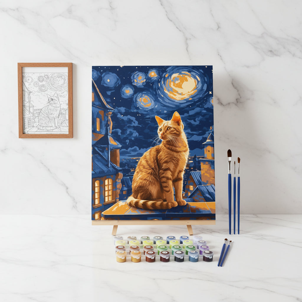 Kit Pintura Numerada Gato Ruivo na Noite Estrelada