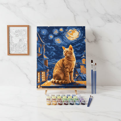 Kit Pintura Numerada Gato Ruivo na Noite Estrelada