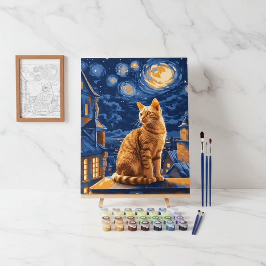 Kit Pintura Numerada Gato Ruivo na Noite Estrelada