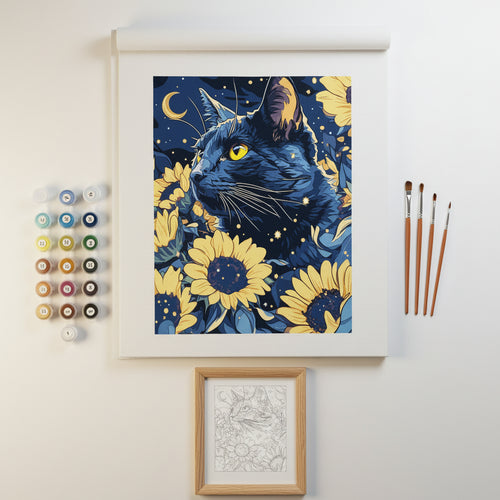 Kit Pintura Numerada Gato Preto e Girassóis