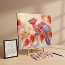 Kit de pintura numerada com pássaros vermelhos, incluindo pincéis e telas, ideal para hobbies criativos.
