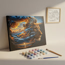 Kit de pintura numerada LoveArtBrasil com paisagem mágica e abstrata, incluindo telas, pincéis e tintas para criar uma obra de arte.