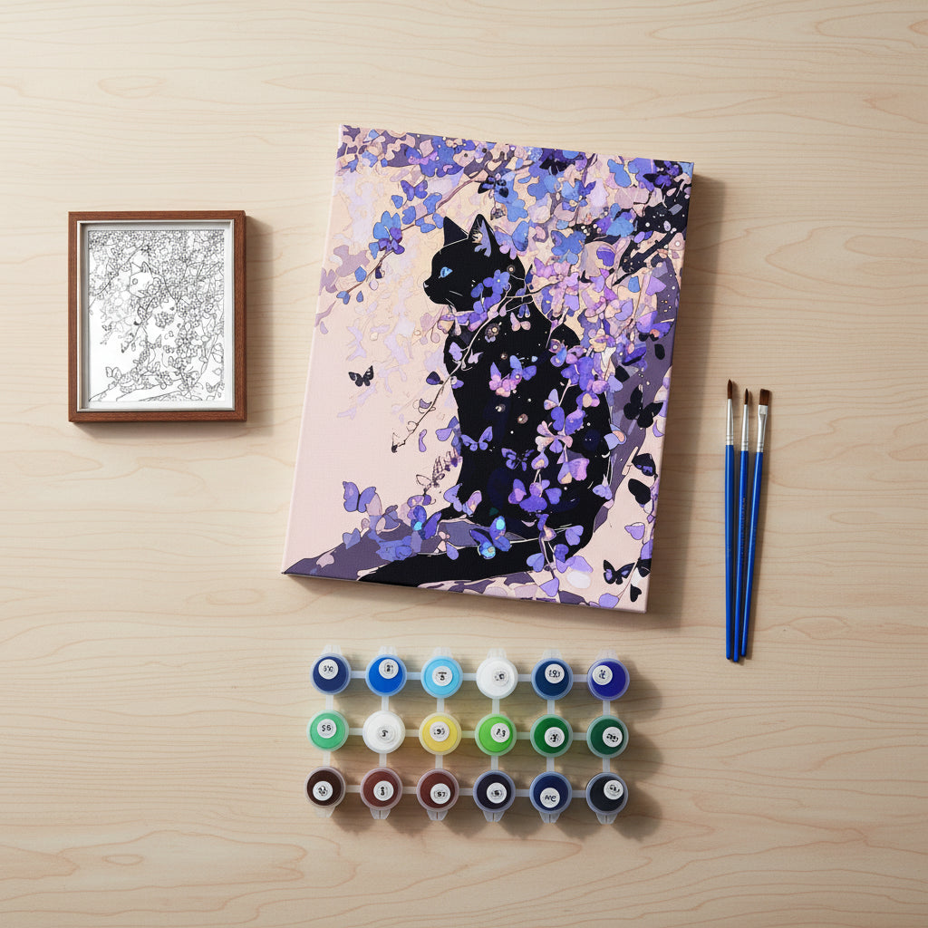 Kit Pintura Numerada Gato Floral Roxo