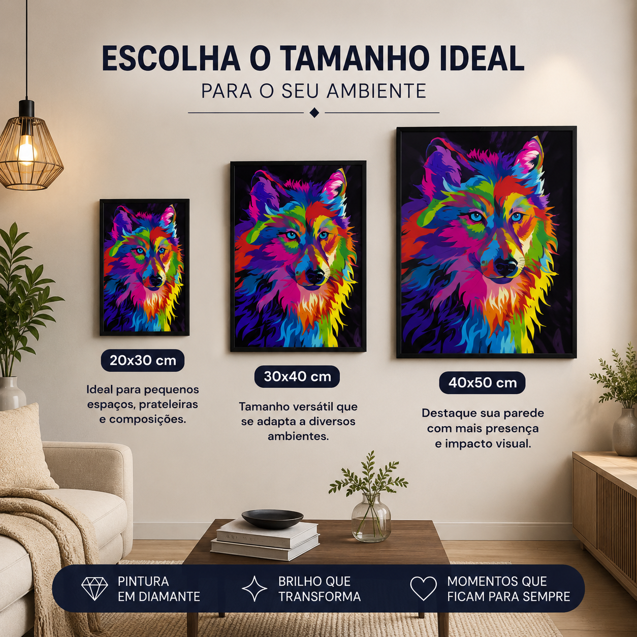 Kit de pintura diamante Leão Colorido Rei da Selva com diamantes de diferentes tamanhos, produto da marca loveartbrasil.